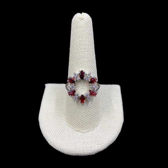 Swarovski Crystal Sterling Silver Ring Red Garnet Halo Size 9 Cocktail Ring - Picture 3 of 8